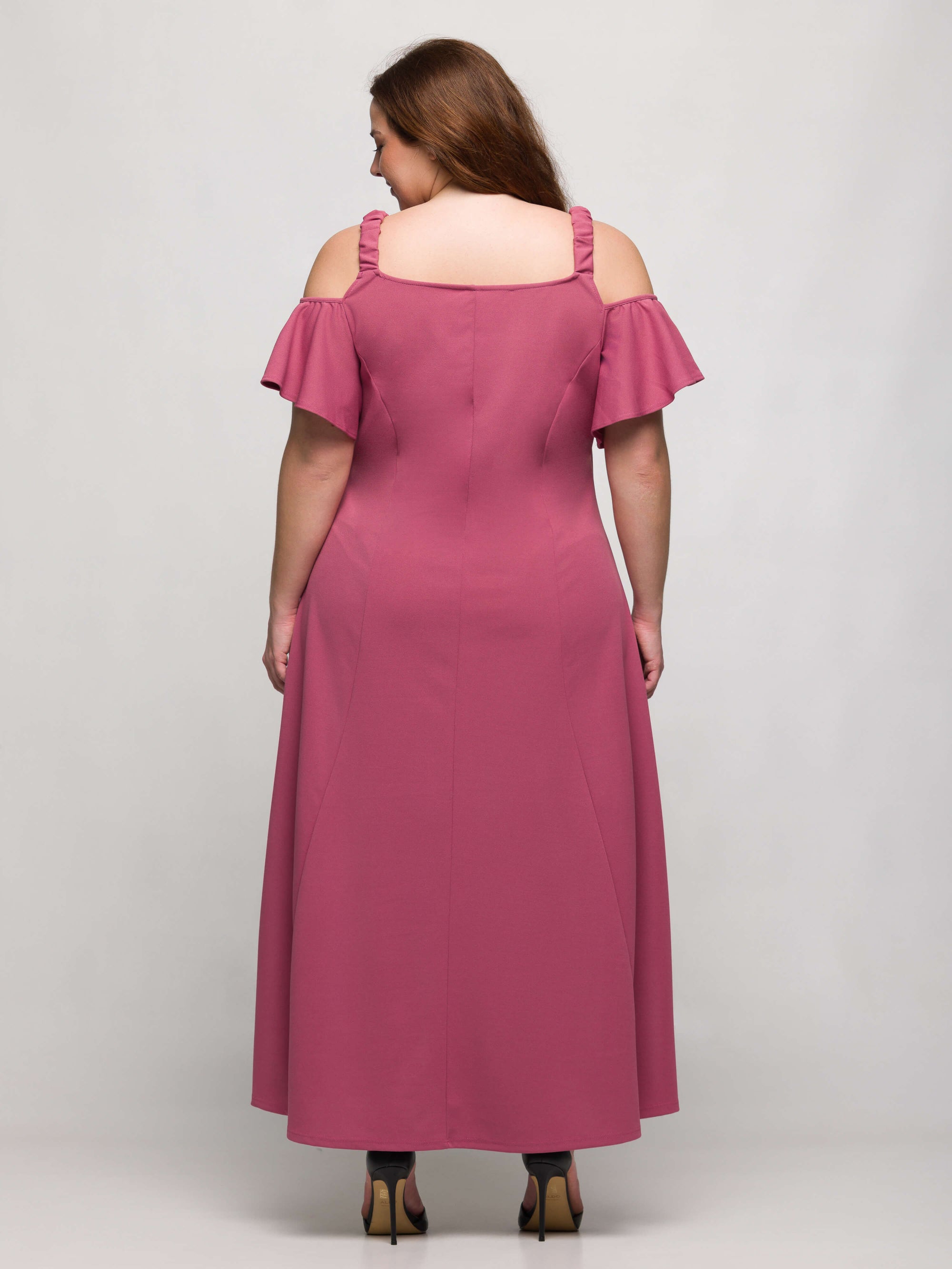 24seven Comfort Apparel Plus Size Cold Sholder Ruffle Sleeve A Line Maxi Dress