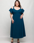 24seven Comfort Apparel Plus Size Cold Sholder Ruffle Sleeve A Line Maxi Dress