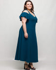 24seven Comfort Apparel Plus Size Cold Sholder Ruffle Sleeve A Line Maxi Dress