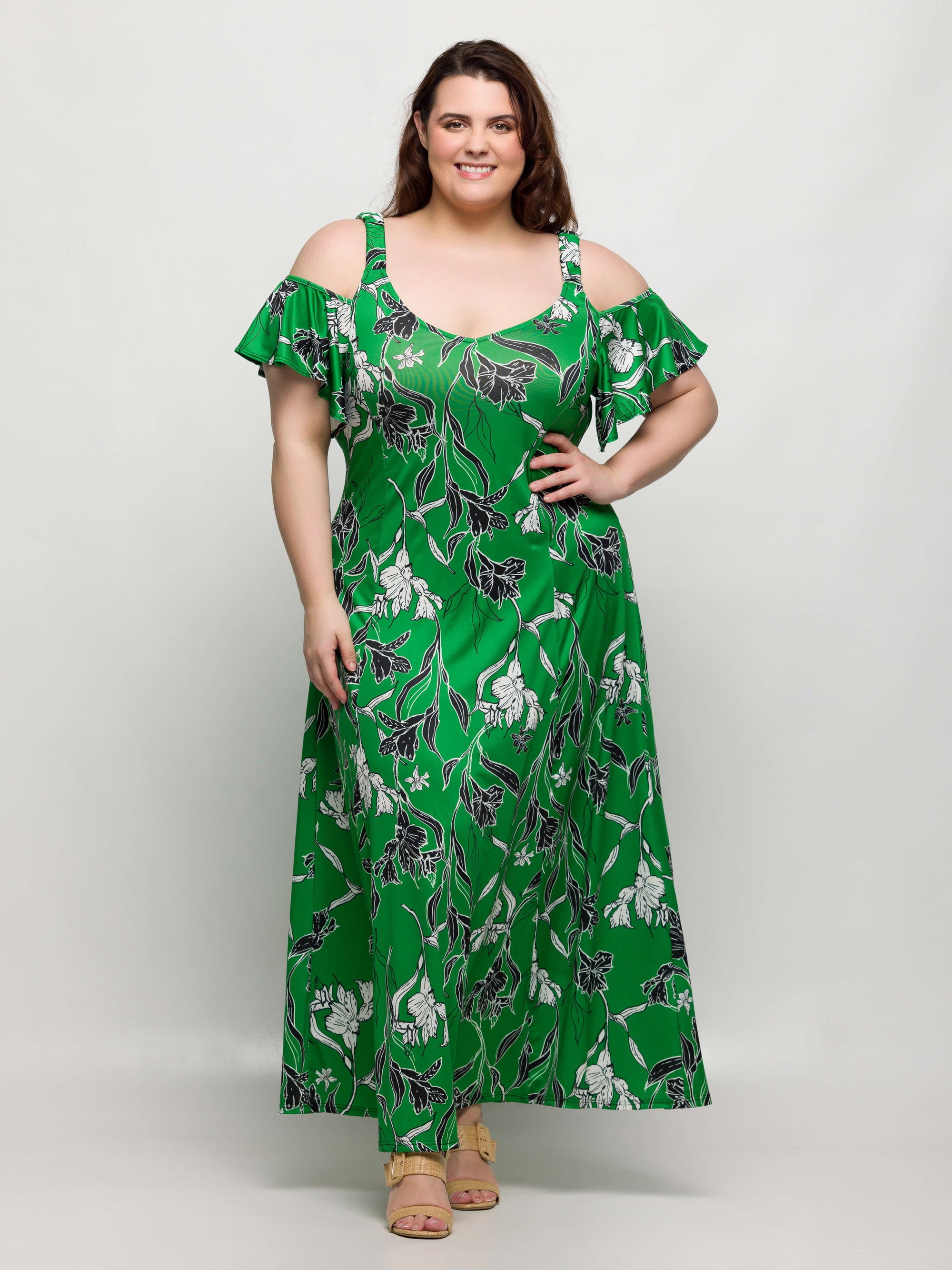 24seven Comfort Apparel Plus Size Green Floral Cold Sholder Ruffle Sleeve A Line Maxi Dress