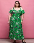 24seven Comfort Apparel Plus Size Green Floral Cold Sholder Ruffle Sleeve A Line Maxi Dress