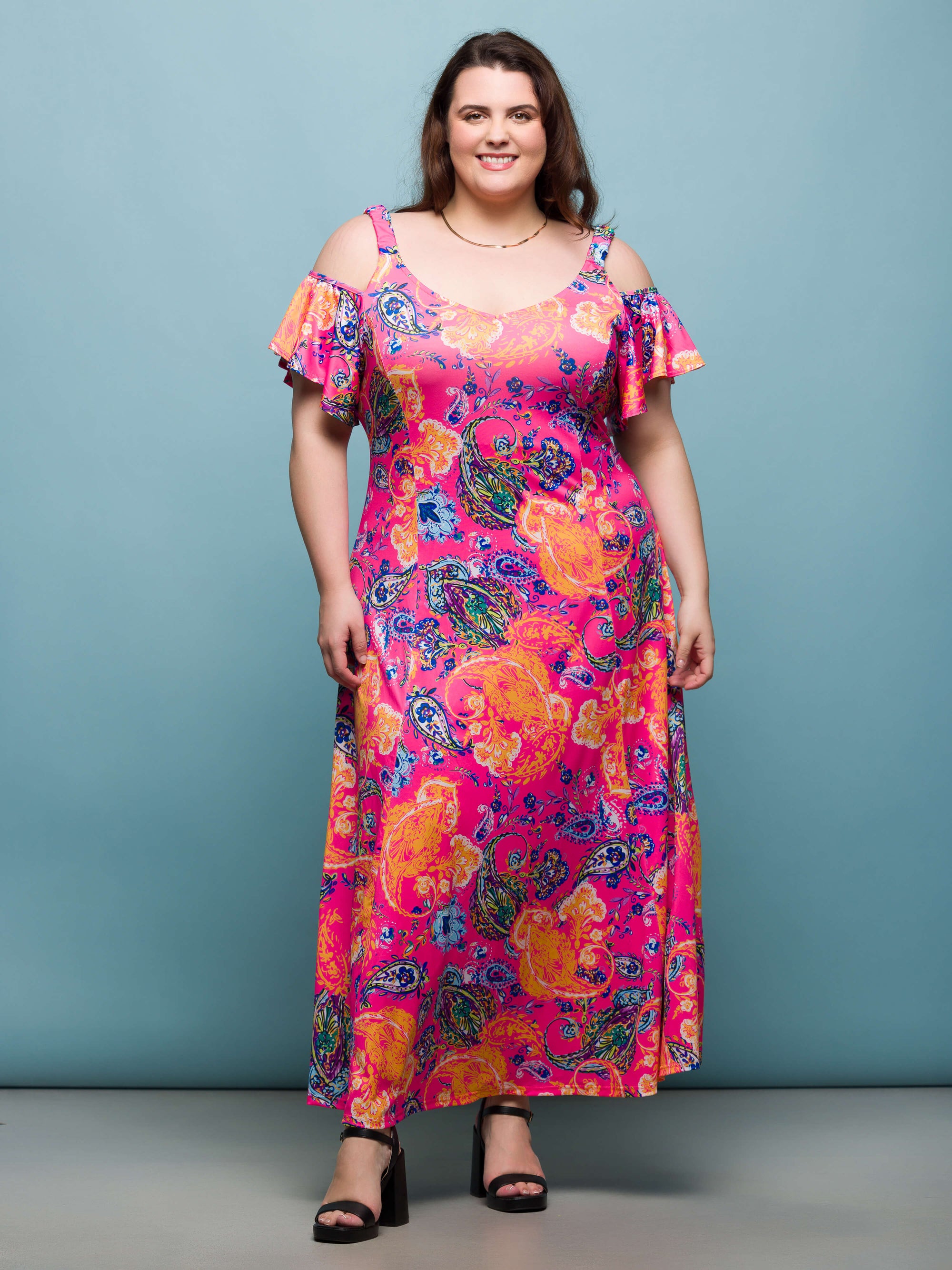 24seven Comfort Apparel Plus Size Pink Paisley Cold Sholder Ruffle Sleeve A Line Maxi Dress