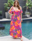 24seven Comfort Apparel Plus Size Pink Paisley Cold Sholder Ruffle Sleeve A Line Maxi Dress