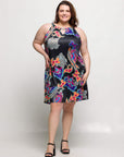 24seven Comfort Apparel Plus Size Knee Length Black Paisley Print Sleeveless Keyhole Dress