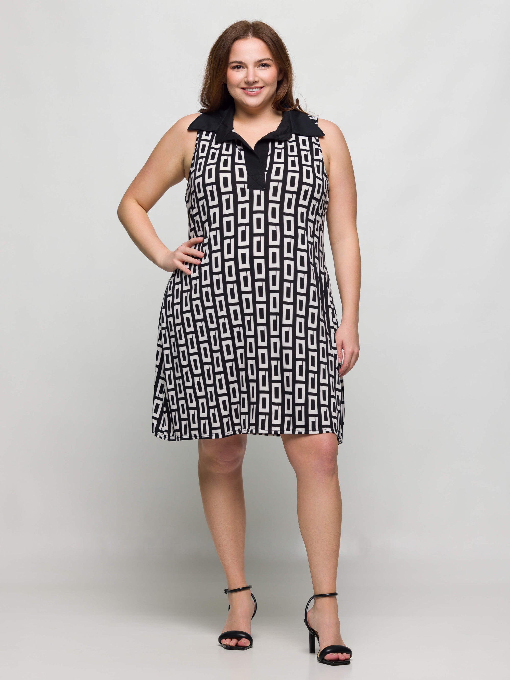 24seven Comfort Apparel Plus Size Black and White Sleeveless Collared Mini Dress