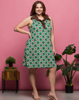 24seven Comfort Apparel Plus Size Brown and Green Sleeveless Collared Mini Dress