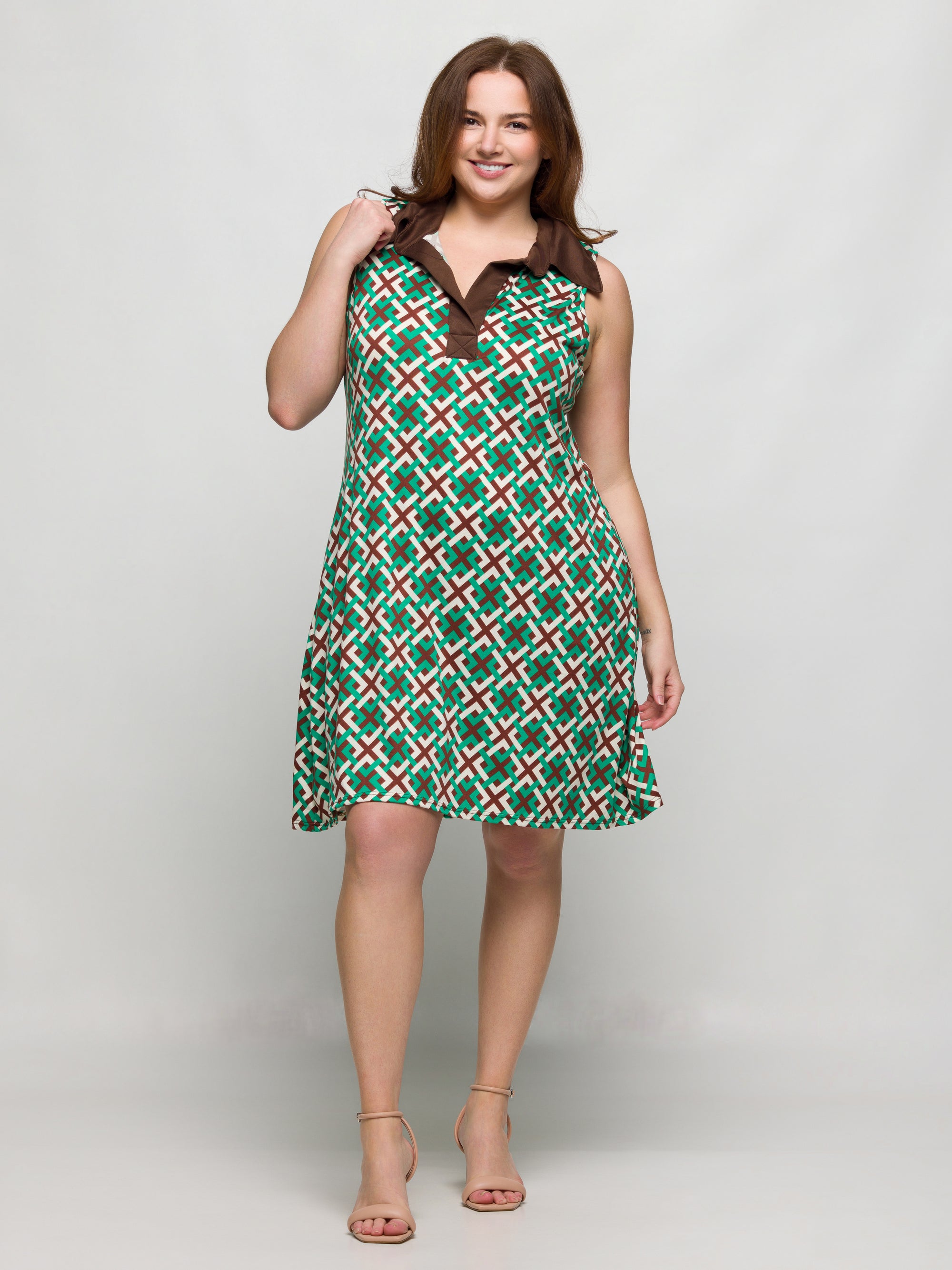 24seven Comfort Apparel Plus Size Brown and Green Sleeveless Collared Mini Dress