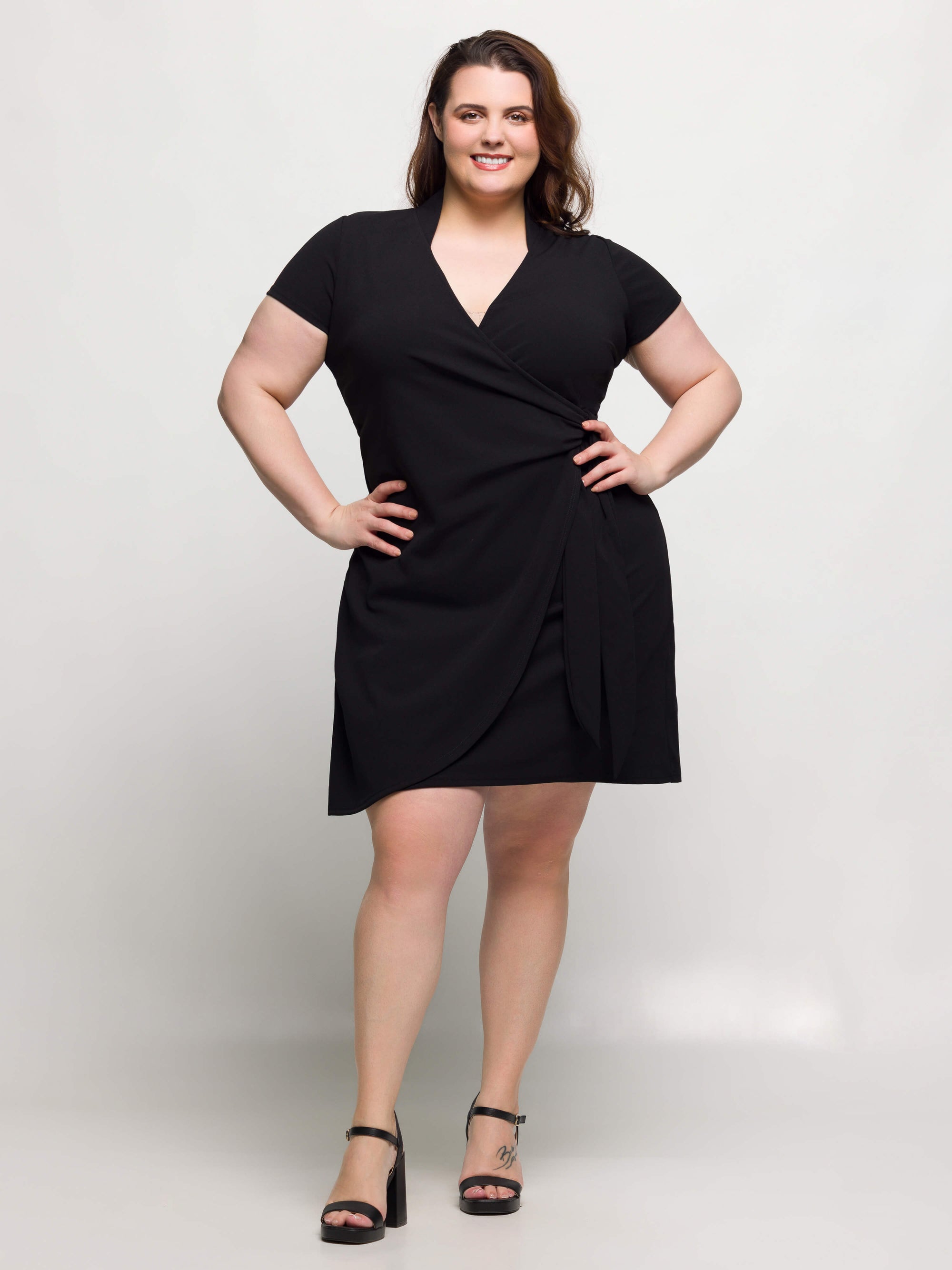 24seven Comfort Apparel Plus Size Mandarin Collar Knee Length Wrap Dress