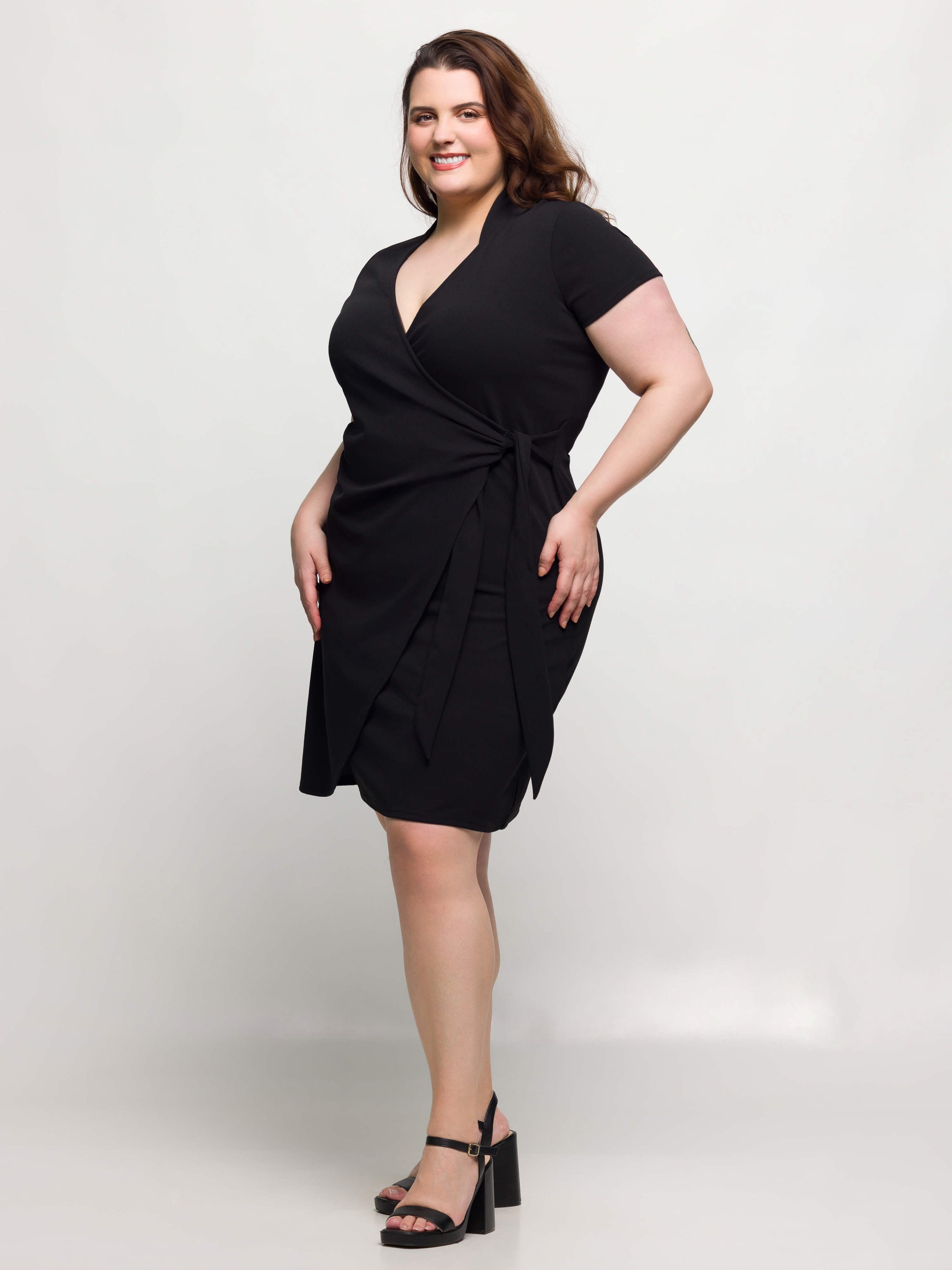 24seven Comfort Apparel Plus Size Mandarin Collar Knee Length Wrap Dress