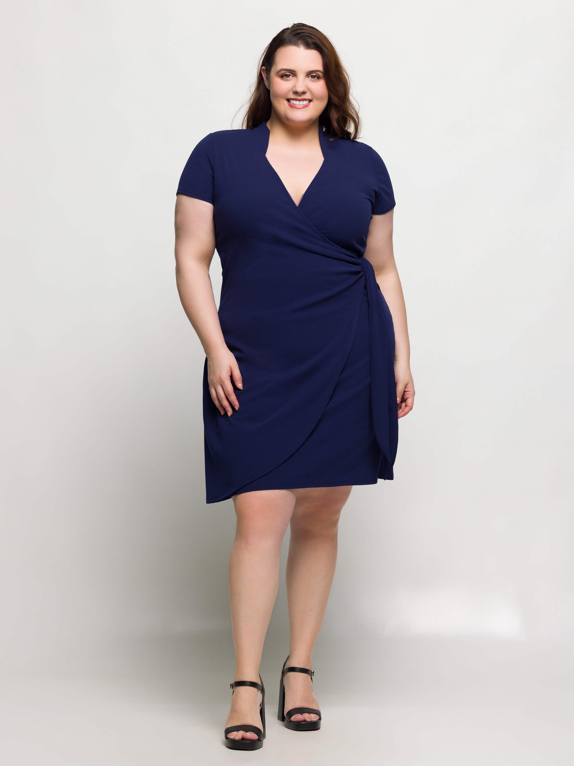 24seven Comfort Apparel Plus Size Mandarin Collar Knee Length Wrap Dress
