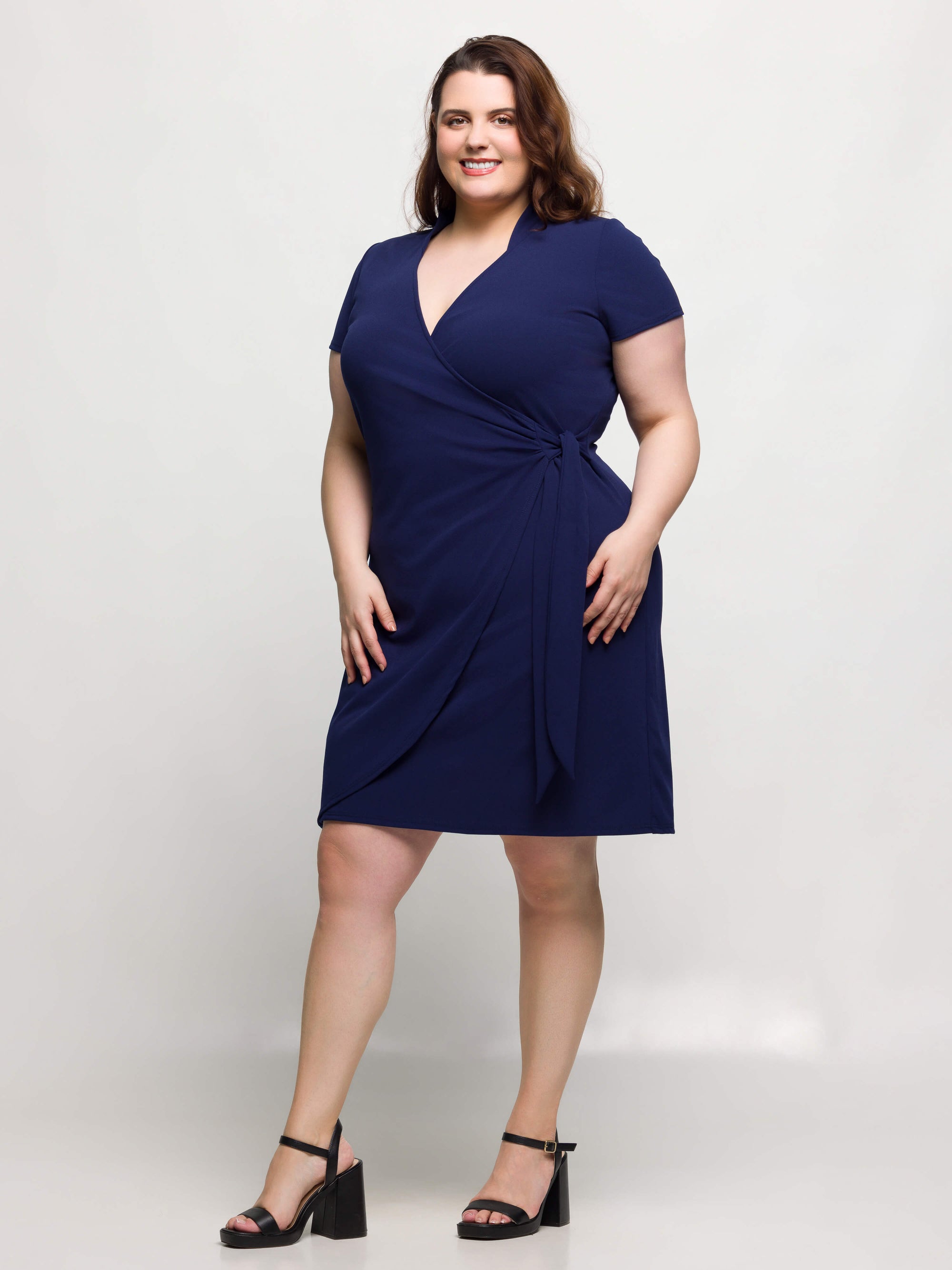 24seven Comfort Apparel Plus Size Mandarin Collar Knee Length Wrap Dress