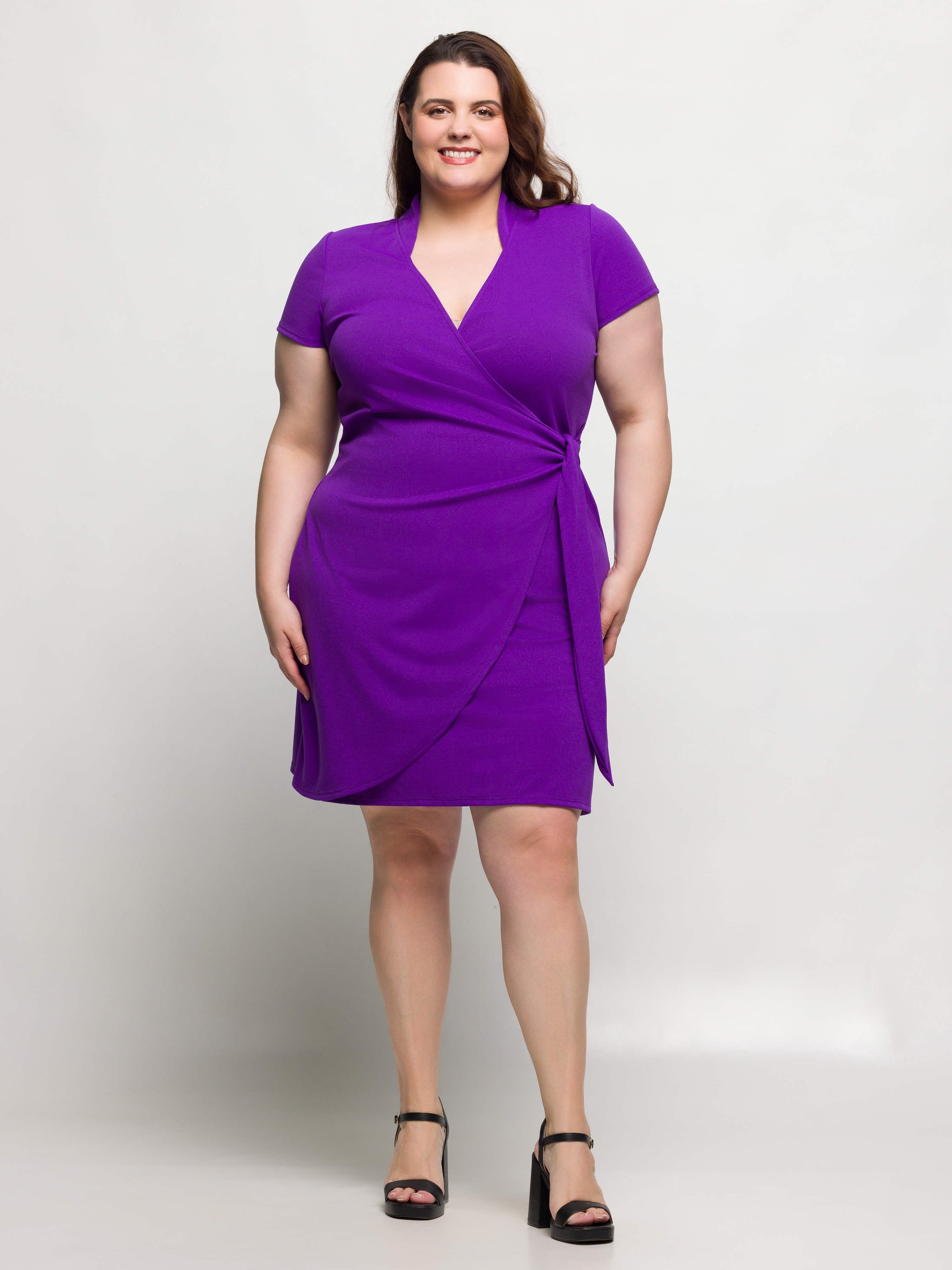 24seven Comfort Apparel Plus Size Mandarin Collar Knee Length Wrap Dress