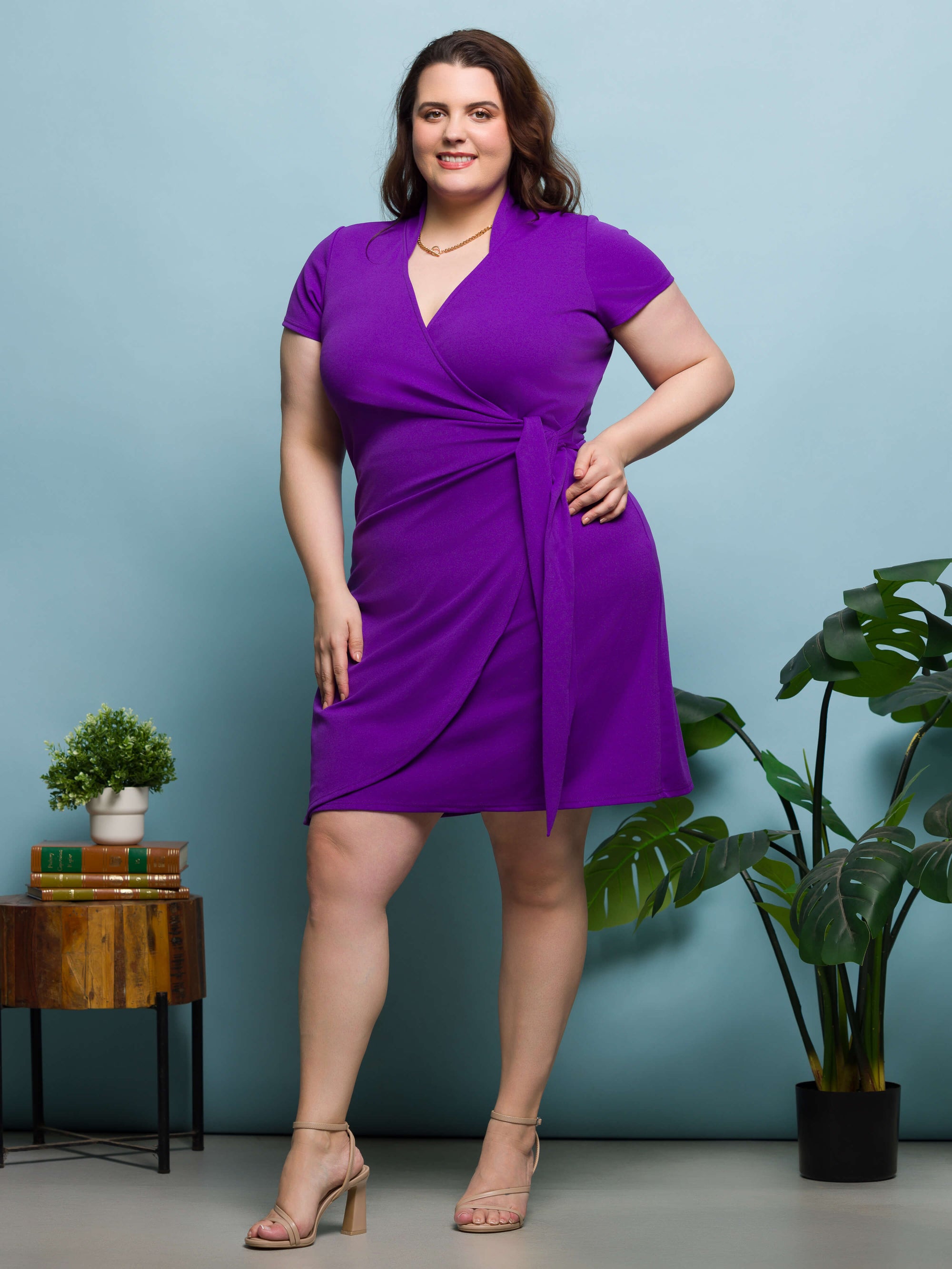 24seven Comfort Apparel Plus Size Mandarin Collar Knee Length Wrap Dress