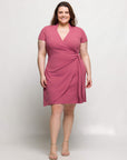 24seven Comfort Apparel Plus Size Mandarin Collar Knee Length Wrap Dress