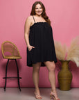 24seven Comfort Apparel Plus Size Square Neck Spaghetti Strap Smocked Pocket Mini Dress