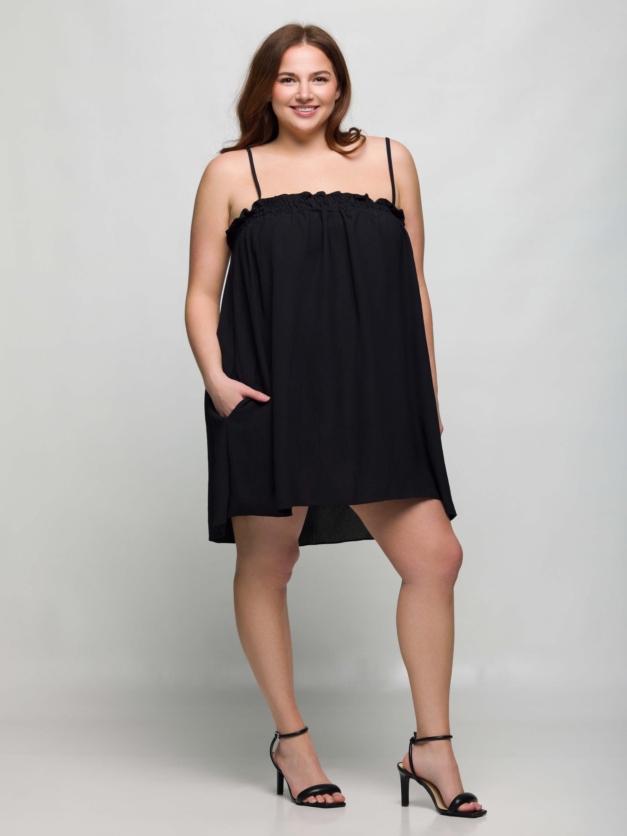 24seven Comfort Apparel Plus Size Square Neck Spaghetti Strap Smocked Pocket Mini Dress