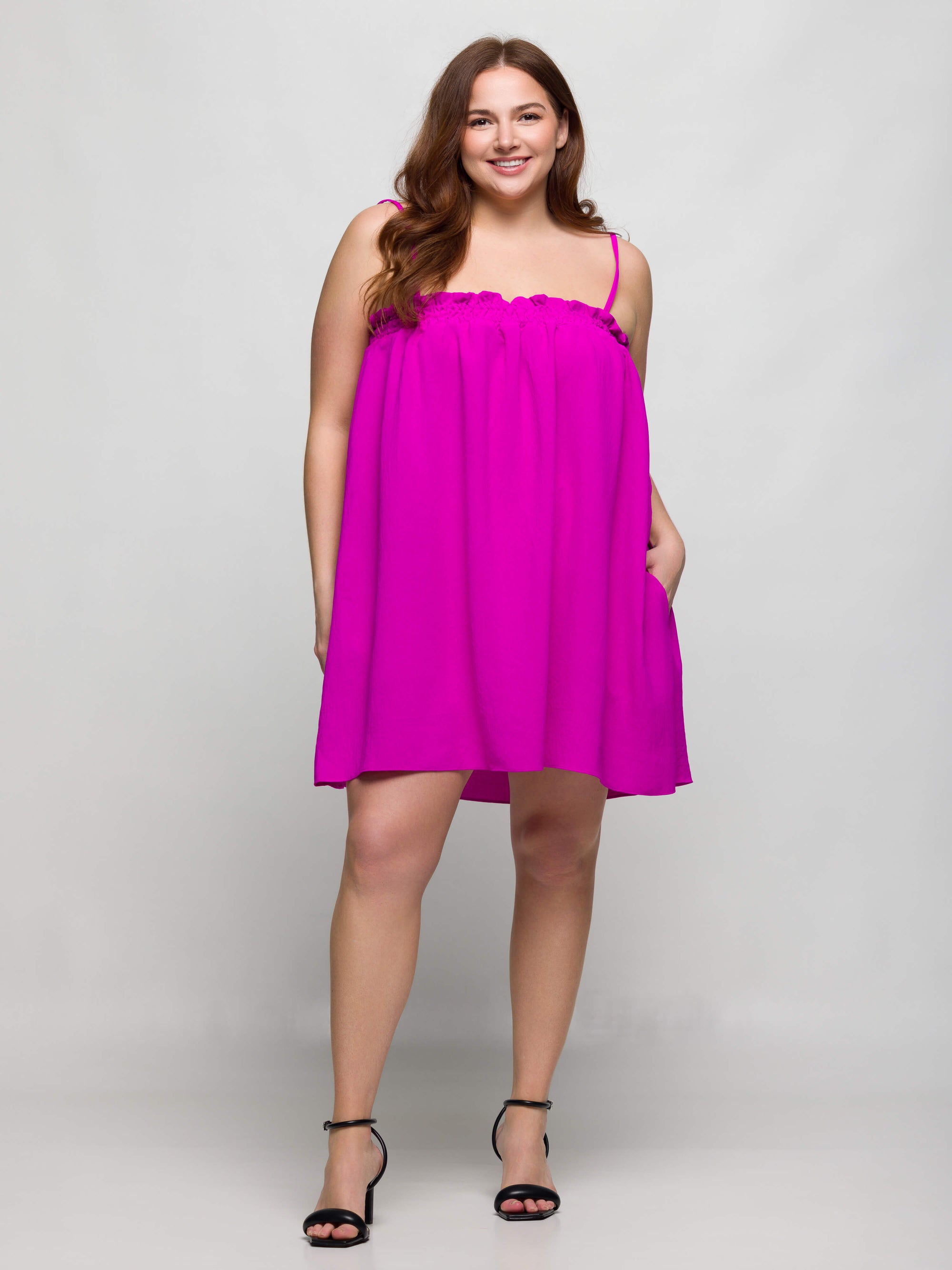 24seven Comfort Apparel Plus Size Square Neck Spaghetti Strap Smocked Pocket Mini Dress