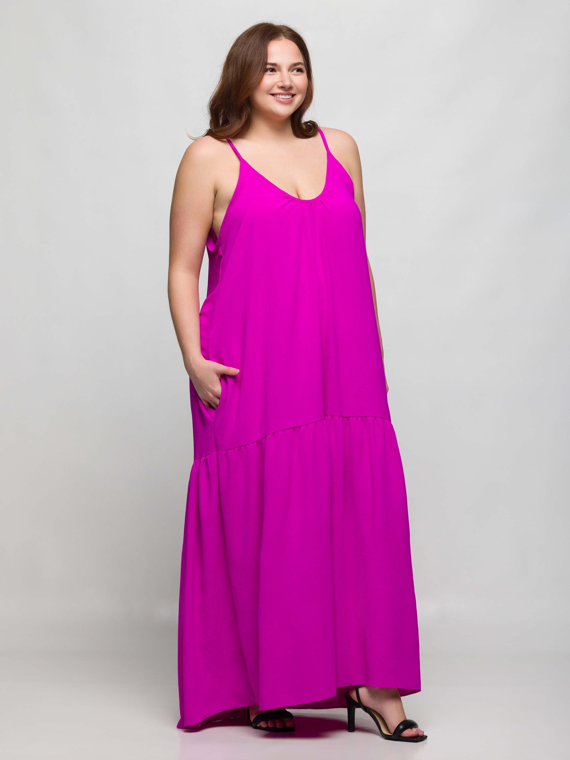 24seven Comfort Apparel Plus Size Lightweight Spaghetti Strap Pocket Maxi Dress