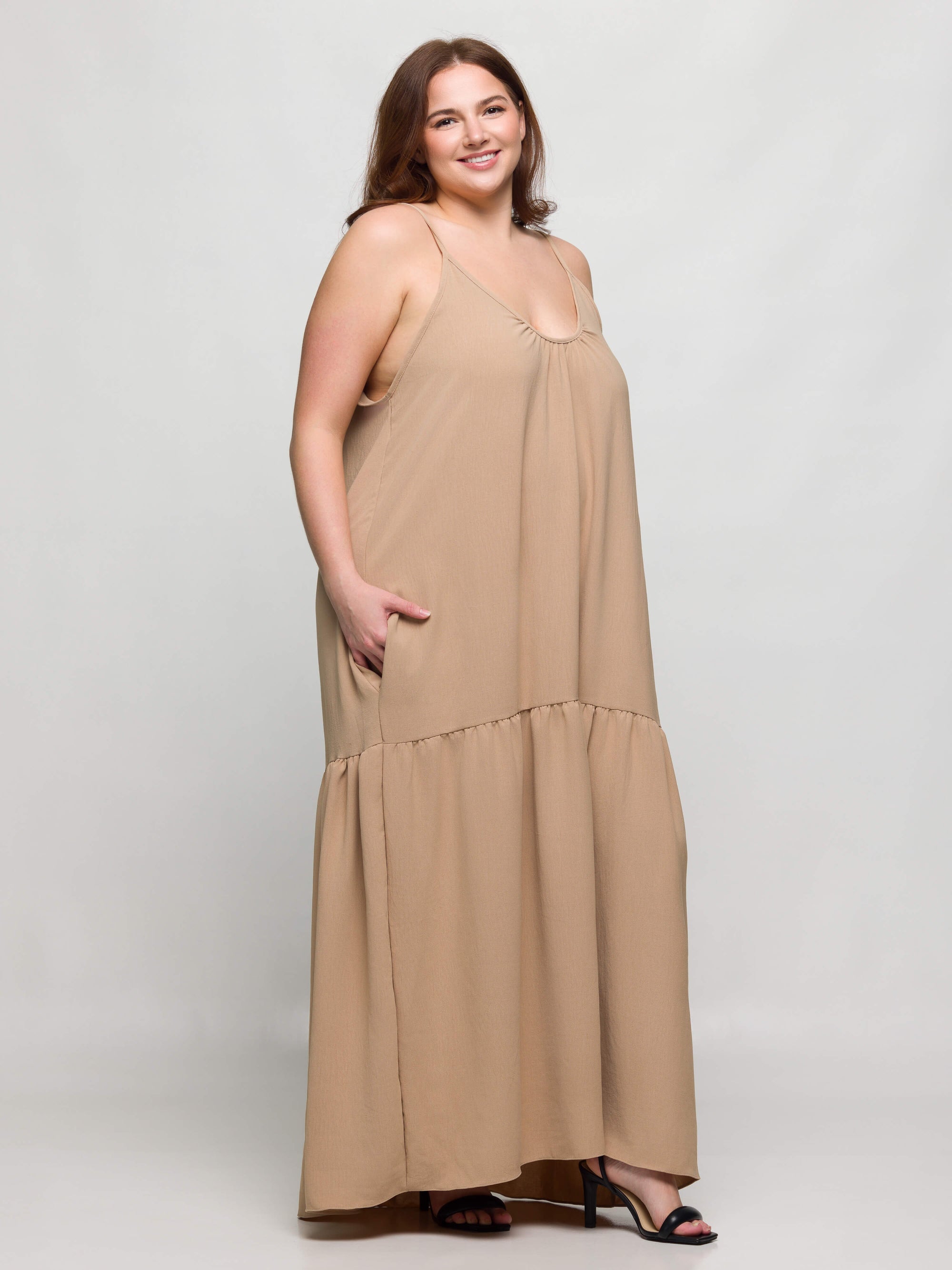 24seven Comfort Apparel Plus Size Lightweight Spaghetti Strap Pocket Maxi Dress