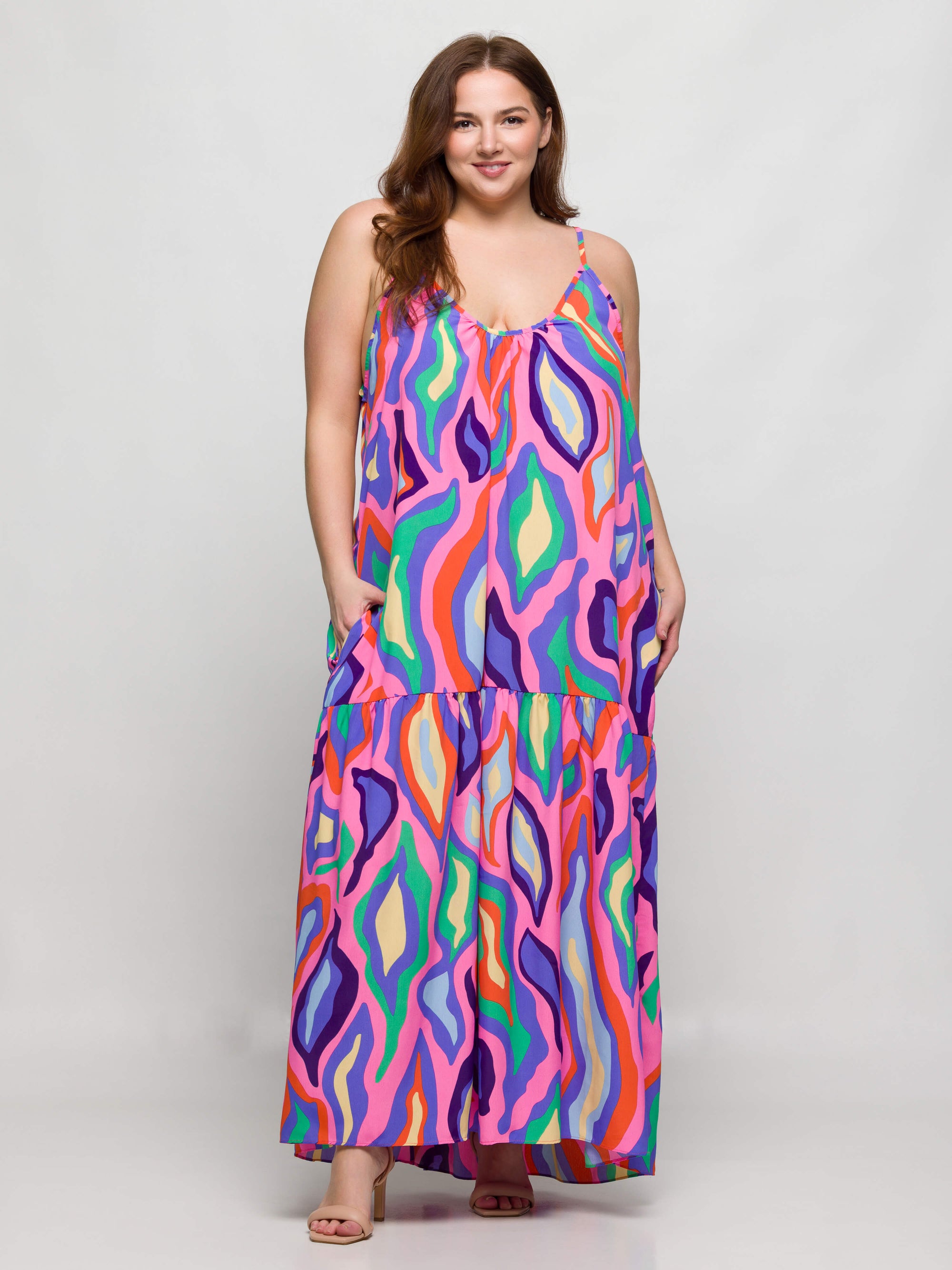 24seven Comfort Apparel Plus Size Multicolor Lightweight Spaghetti Strap Pocket Maxi Dress
