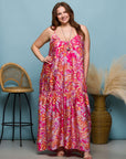 24seven Comfort Apparel Plus Size Pink Print Lightweight Spaghetti Strap Pocket Maxi Dress