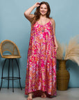 24seven Comfort Apparel Plus Size Pink Print Lightweight Spaghetti Strap Pocket Maxi Dress
