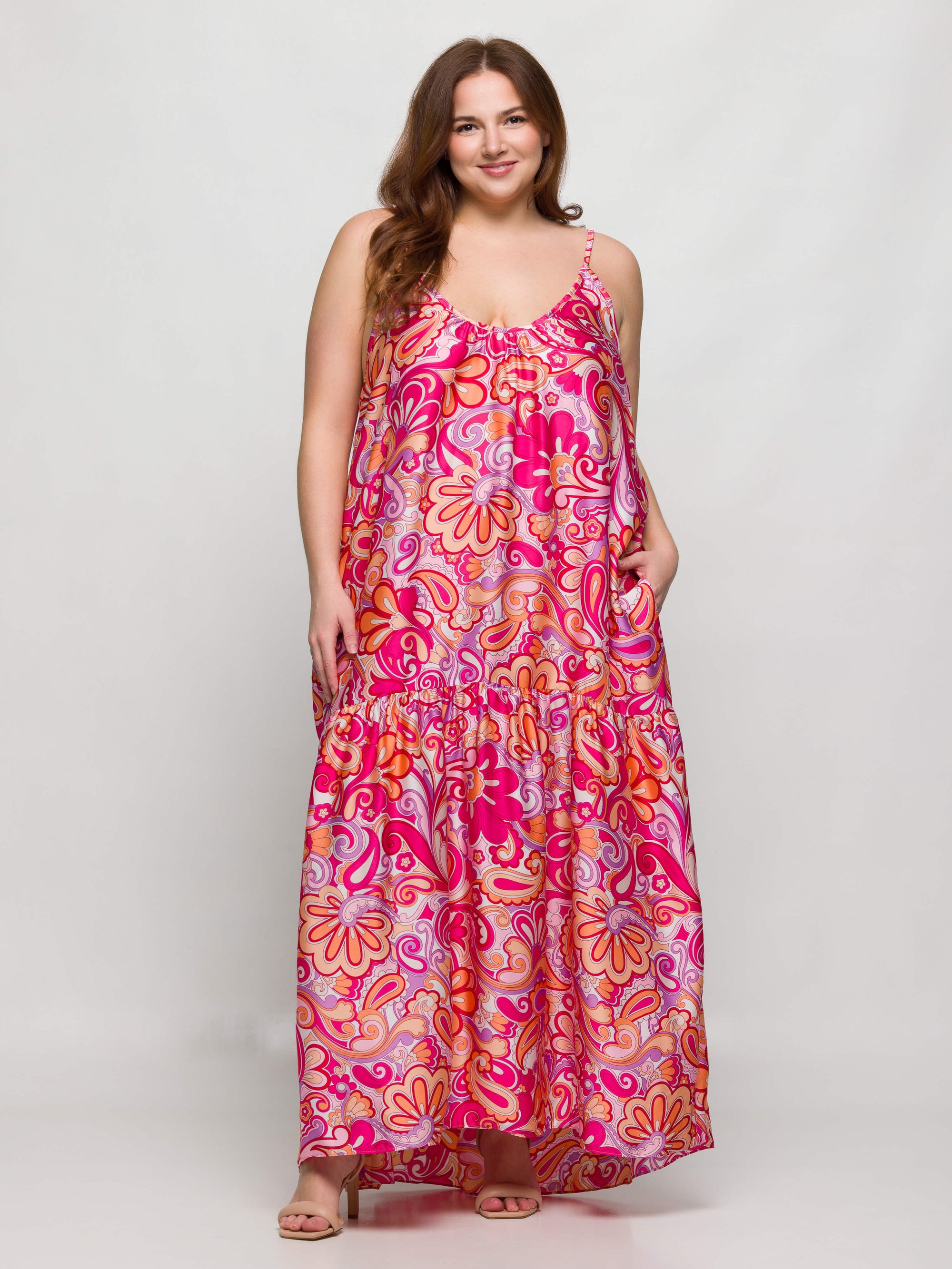 24seven Comfort Apparel Plus Size Pink Print Lightweight Spaghetti Strap Pocket Maxi Dress