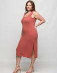 24seven Comfort Apparel Plus Size Fitted Sleeveless Side Slit Midi Dress