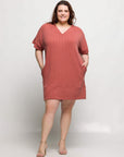 24seven Comfort Apparel Plus Size V Neck Loose Fit Short Sleeve Pocket T Shirt Dress