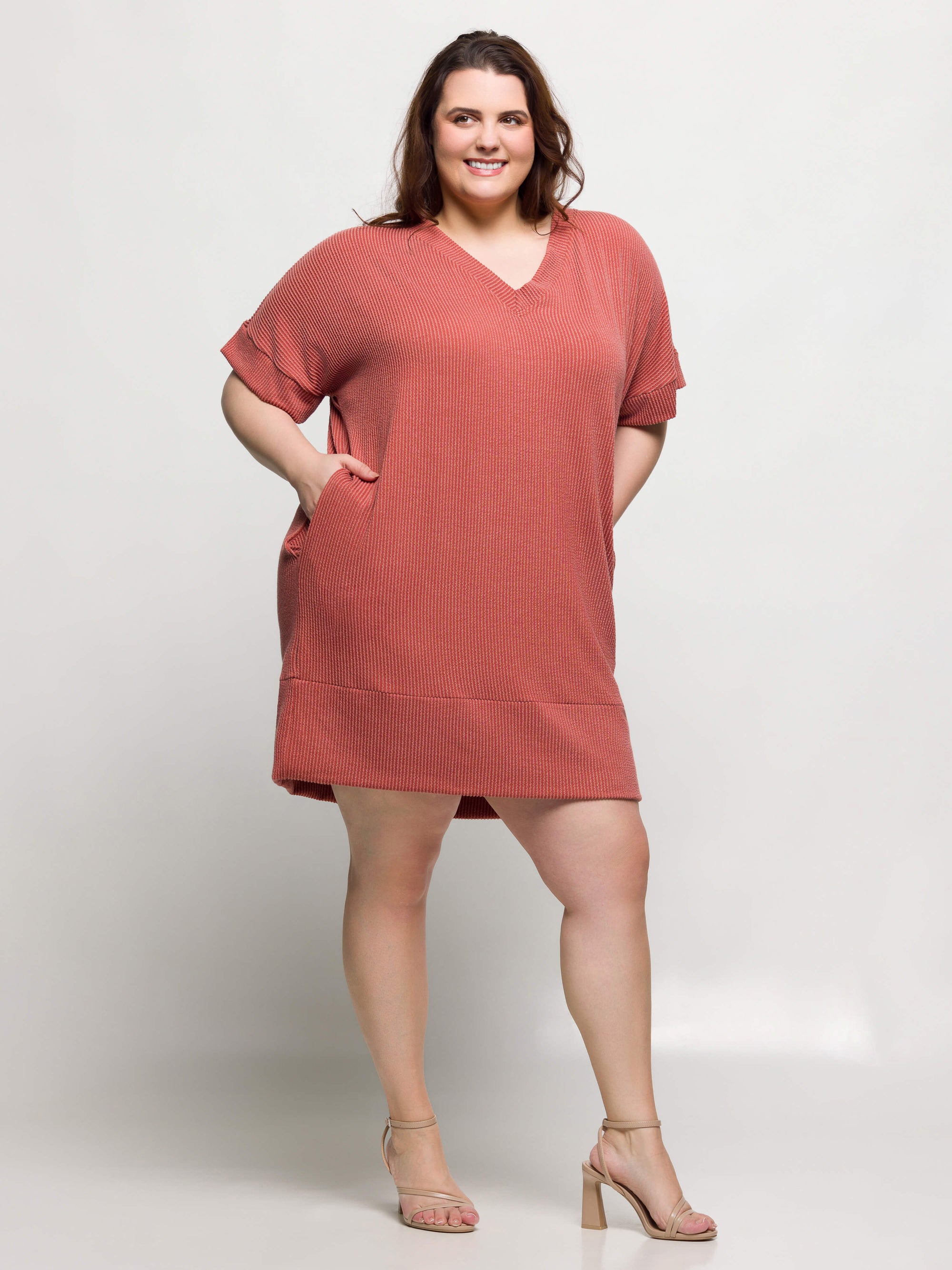 24seven Comfort Apparel Plus Size V Neck Loose Fit Short Sleeve Pocket T Shirt Dress