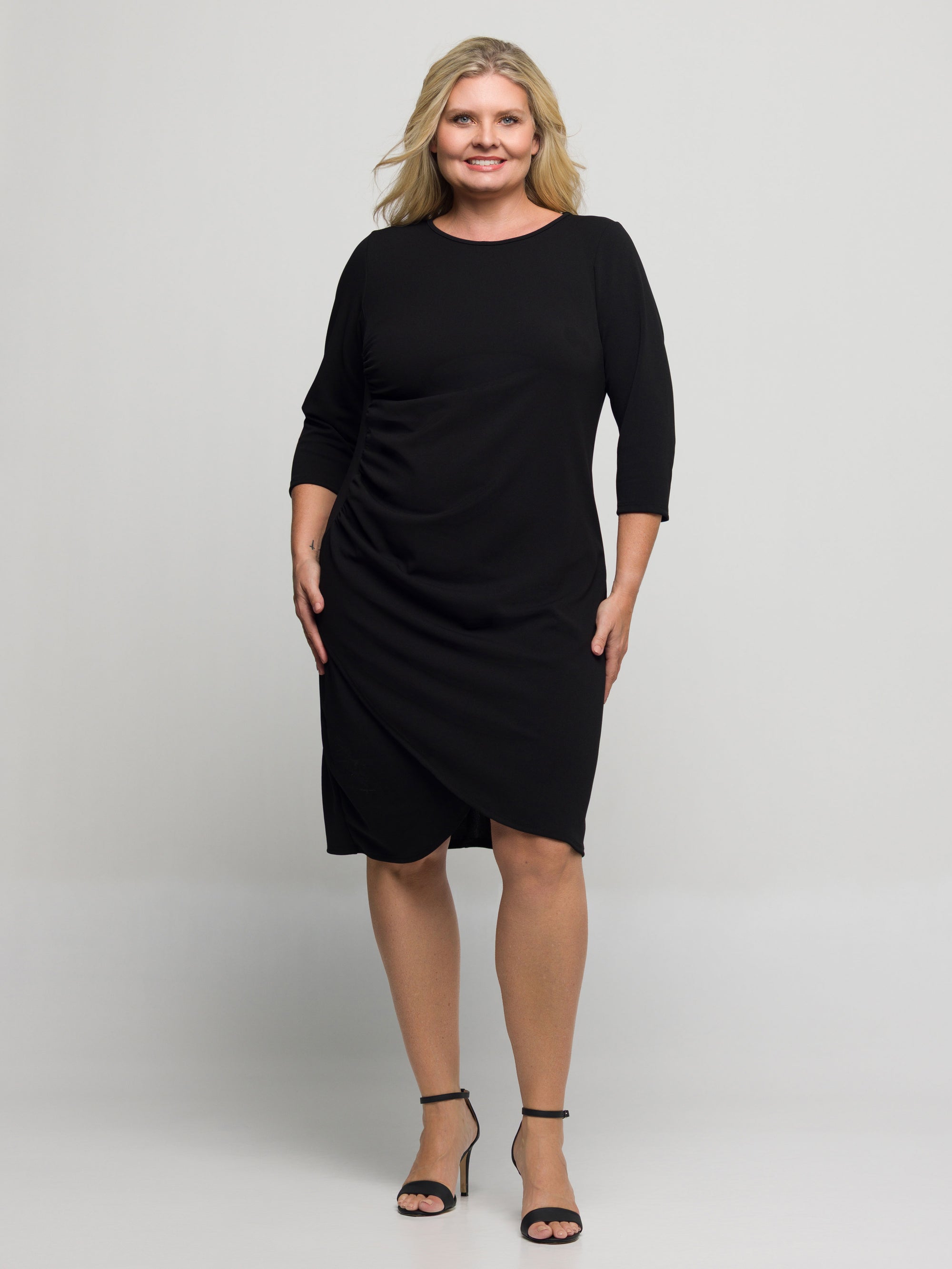 24seven Comfort Apparel Plus Size Three Quarter Sleeve Ruched Tulip Hem Mini Dress