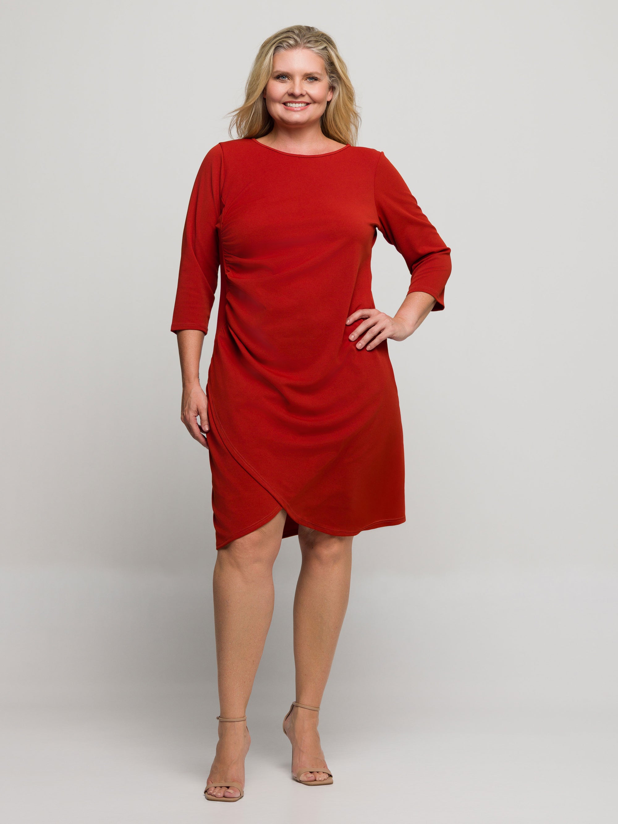 24seven Comfort Apparel Plus Size Three Quarter Sleeve Ruched Tulip Hem Mini Dress