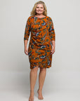 24seven Comfort Apparel Plus Size Elbow Sleeve Ruched Tulip Fall Print Mini Dress