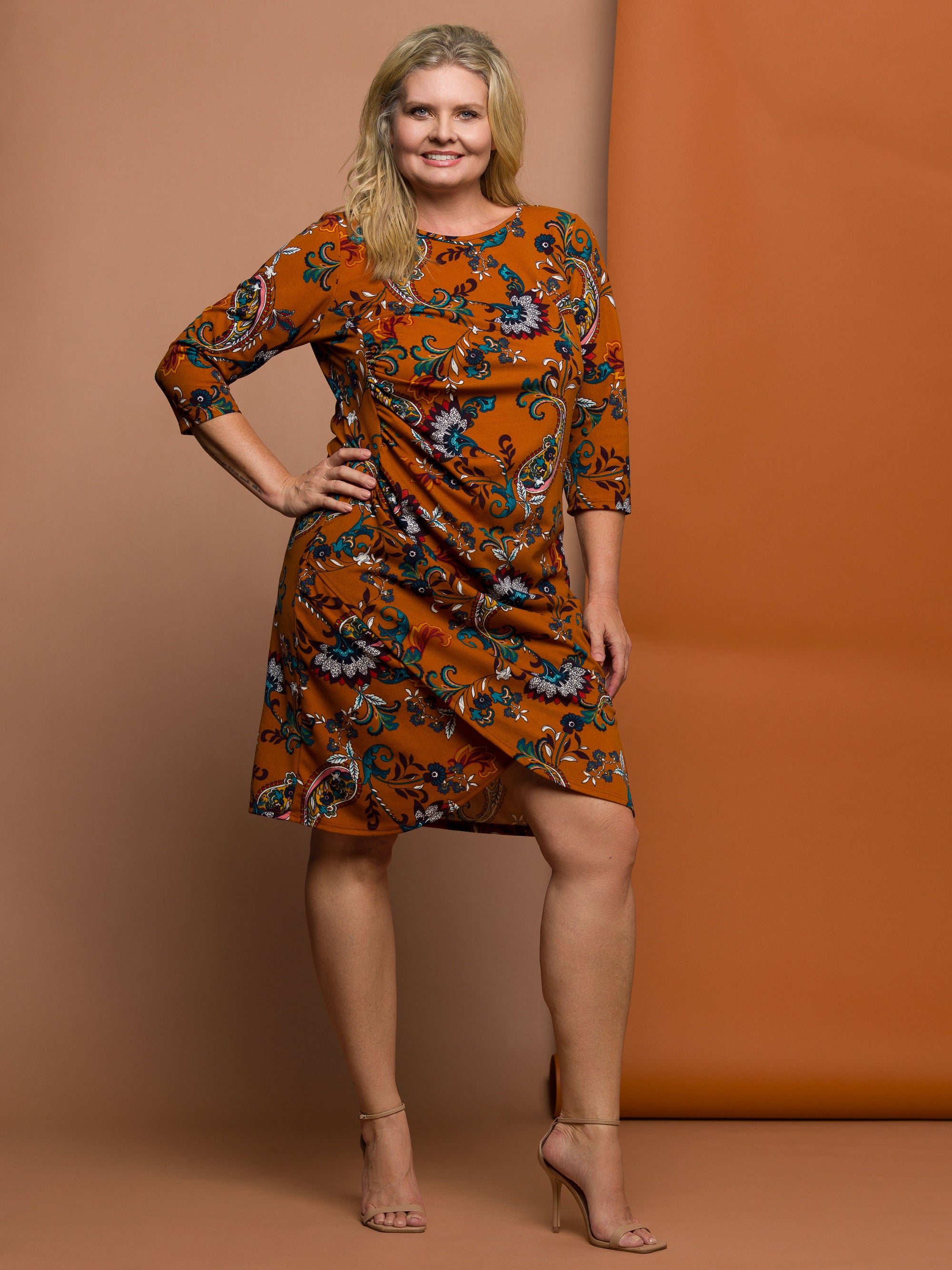 24seven Comfort Apparel Plus Size Elbow Sleeve Ruched Tulip Fall Print Mini Dress