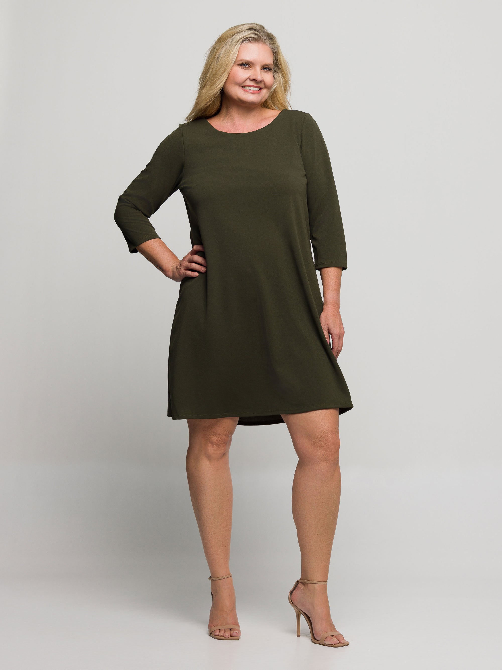 24seven Comfort Apparel Plus Size Three Quarter Sleeve A Line Knee Length Dress