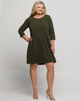 24seven Comfort Apparel Plus Size Three Quarter Sleeve A Line Knee Length Dress