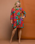 24seven Comfort Apparel Plus Size Orange Floral Print Three Quarter Sleeve A Line Knee Length Dress