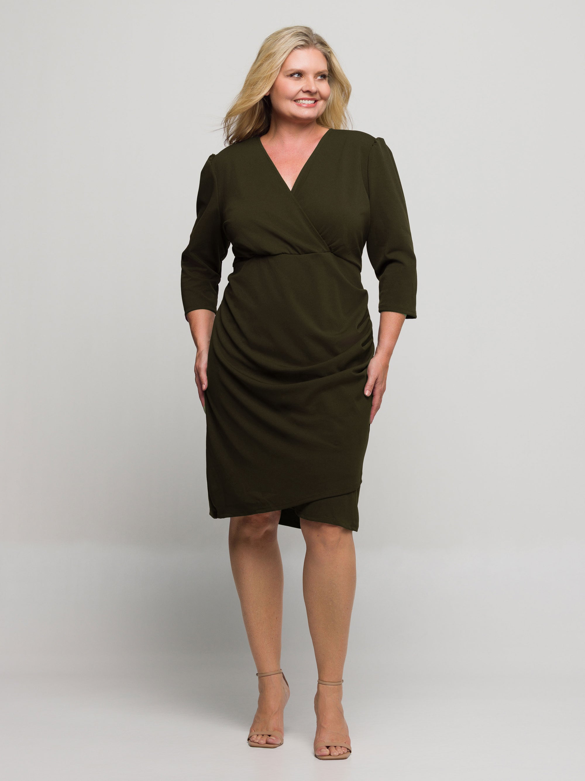 24seven Comfort Apparel Plus Size Solid Color V Neck Faux Wrap Dress