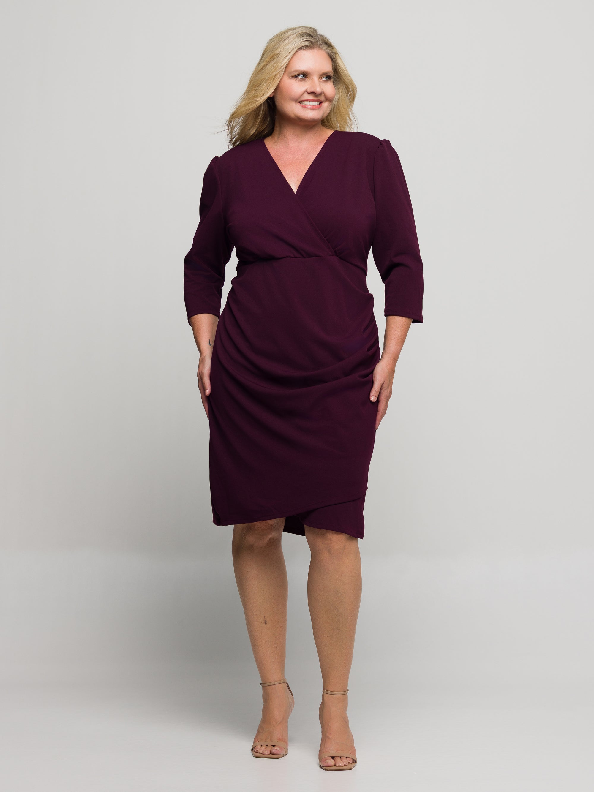 24seven Comfort Apparel Plus Size Solid Color V Neck Faux Wrap Dress