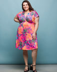 24seven Comfort Apparel Plus Size Pink Paisley V Neck Empire Waist Knee Length Dress