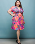 24seven Comfort Apparel Plus Size Pink Paisley V Neck Empire Waist Knee Length Dress