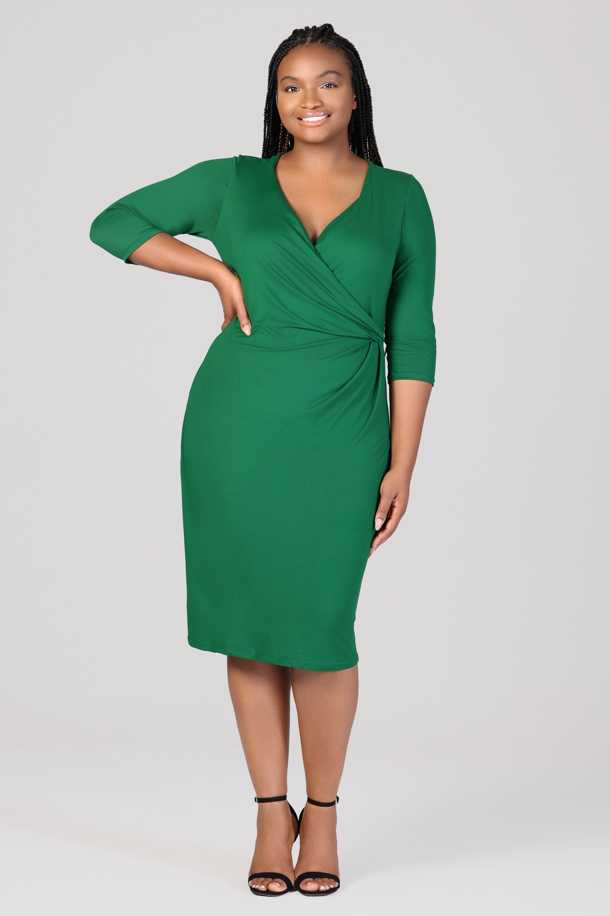 Knee Length V Neck Plus Size Wrap Dress