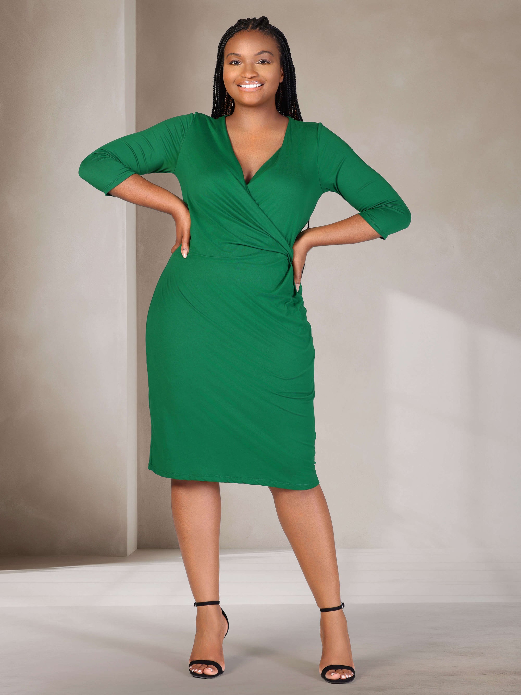 Knee Length V Neck Plus Size Wrap Dress