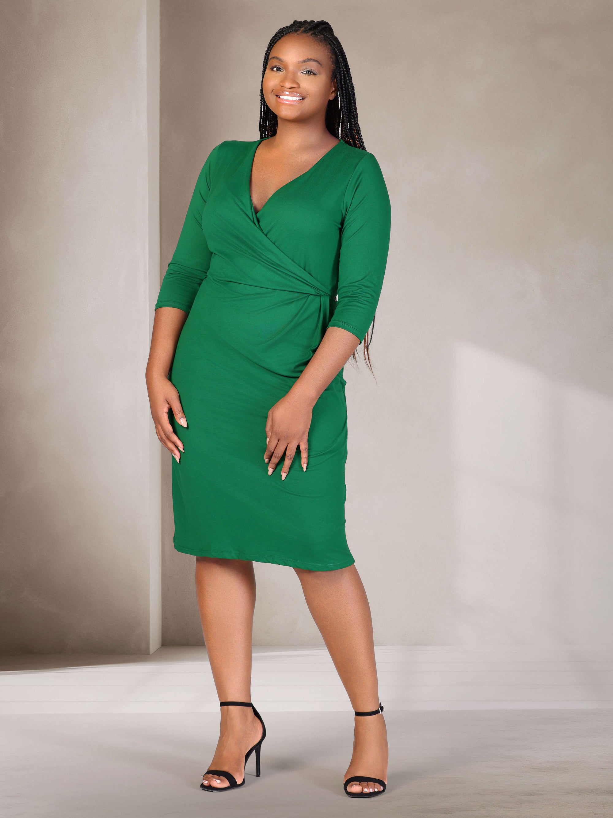 Knee Length V Neck Plus Size Wrap Dress