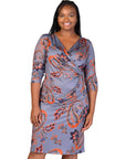 Plus Size Grey Print Three Quarter Sleeve Faux Wrap Dress