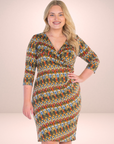 Fall Geometric Print Knee Length Faux Wrap Plus Size Dress