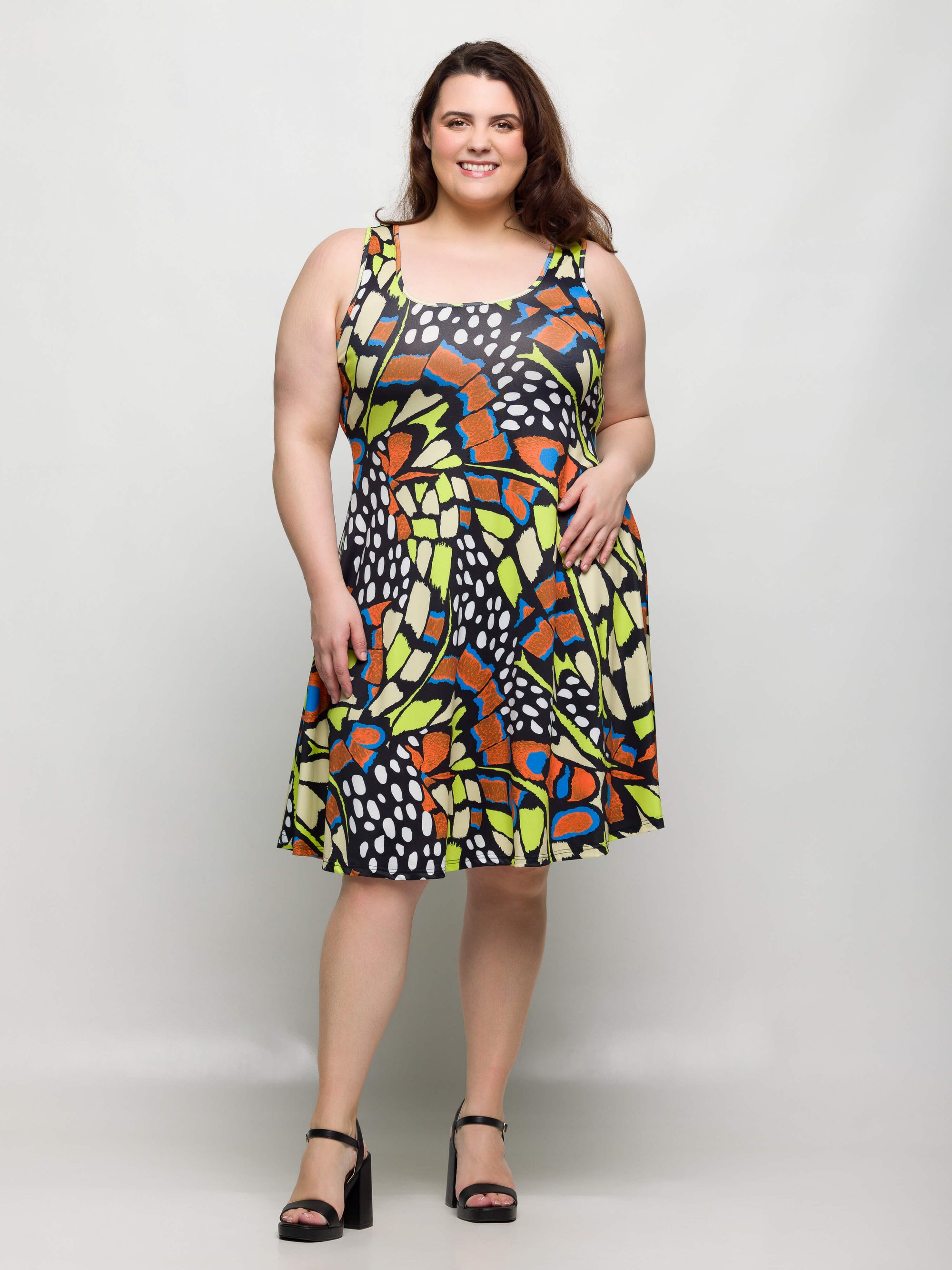24seven Comfort Apparel Plus Size Butterfly Print Sleeveless Knee Length Tank Swing Dress
