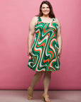 24seven Comfort Apparel Plus Size Green Print Sleeveless Knee Length Tank Swing Dress