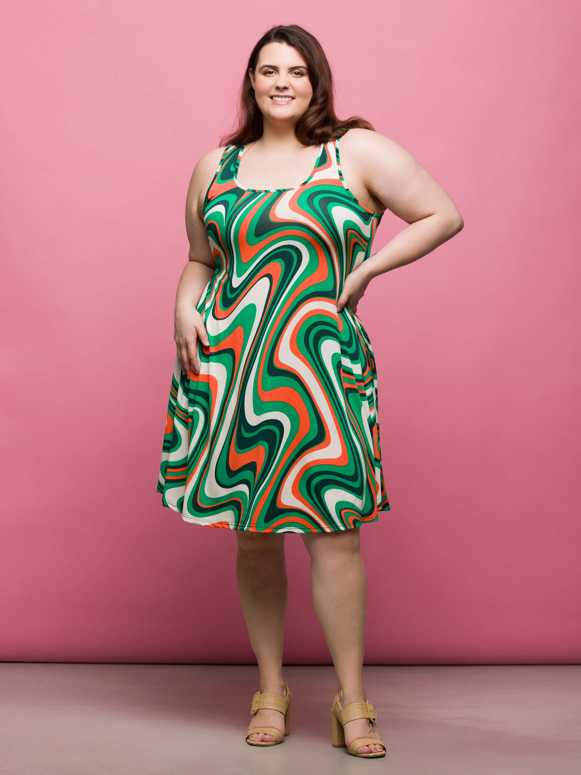 24seven Comfort Apparel Plus Size Green Print Sleeveless Knee Length Tank Swing Dress