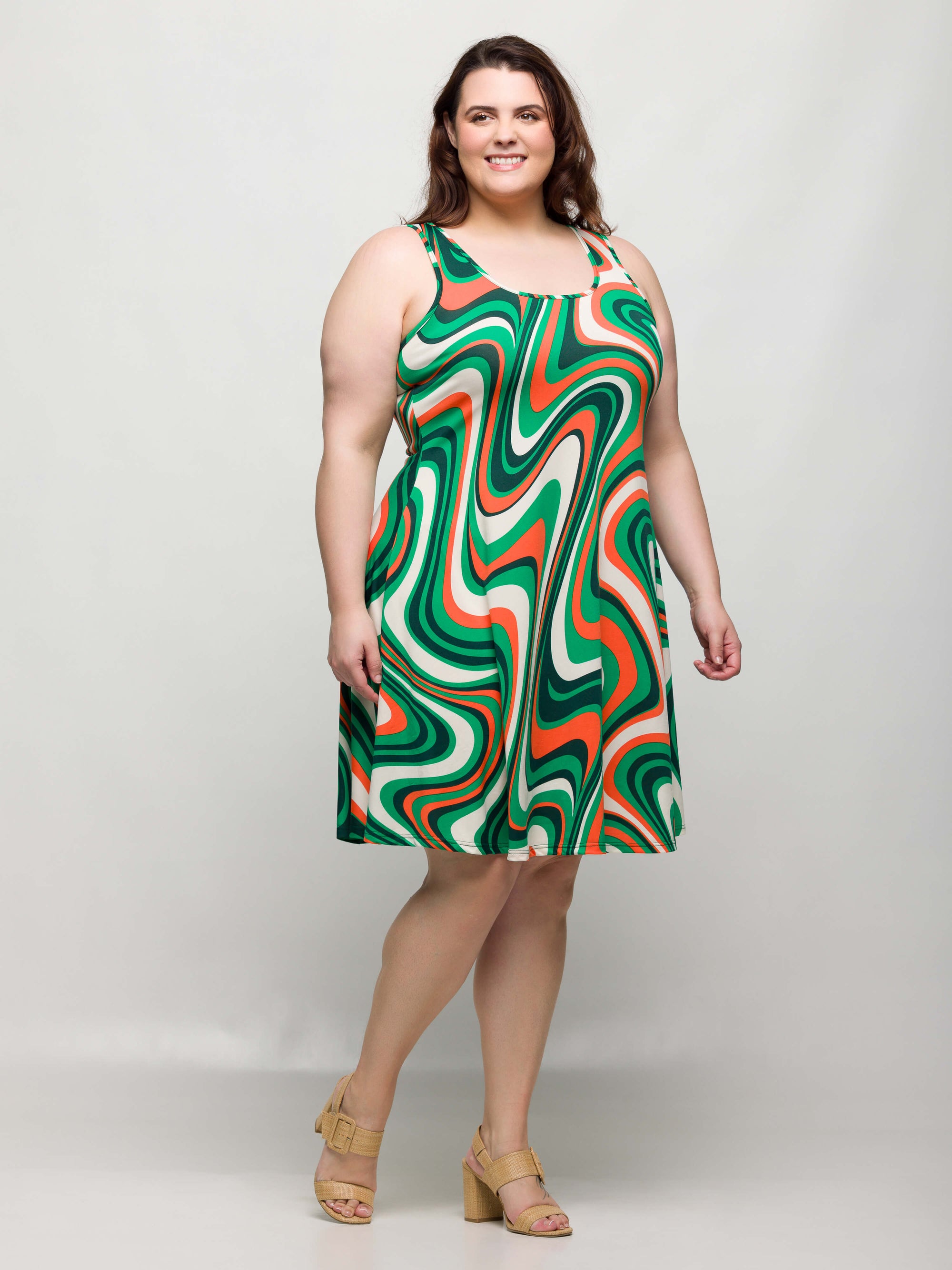 24seven Comfort Apparel Plus Size Green Print Sleeveless Knee Length Tank Swing Dress